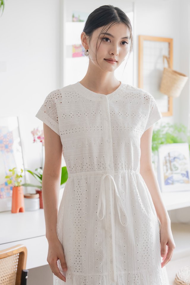 Calixa Eyelet Drawstring Buttons Midi Dress In White