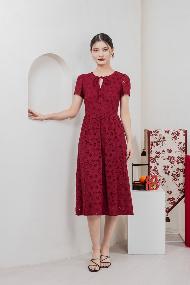 Kindred Eyelet Midi Dress In Red