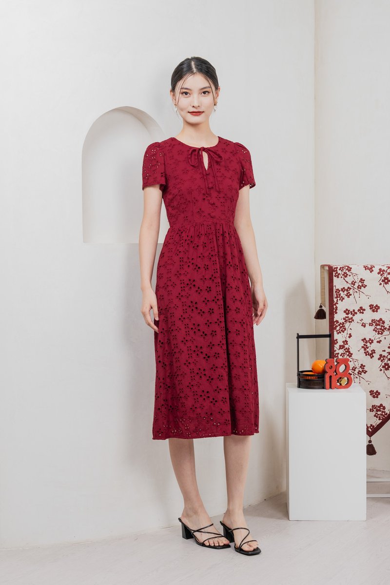 Kindred Eyelet Midi Dress In Red