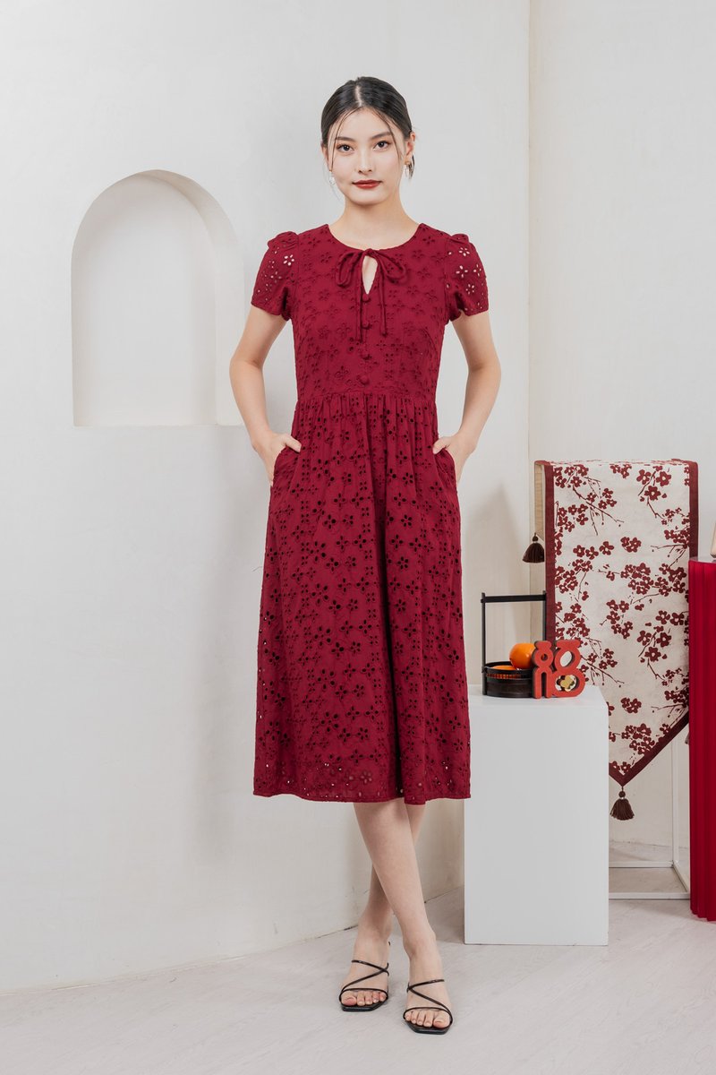 Kindred Eyelet Midi Dress In Red