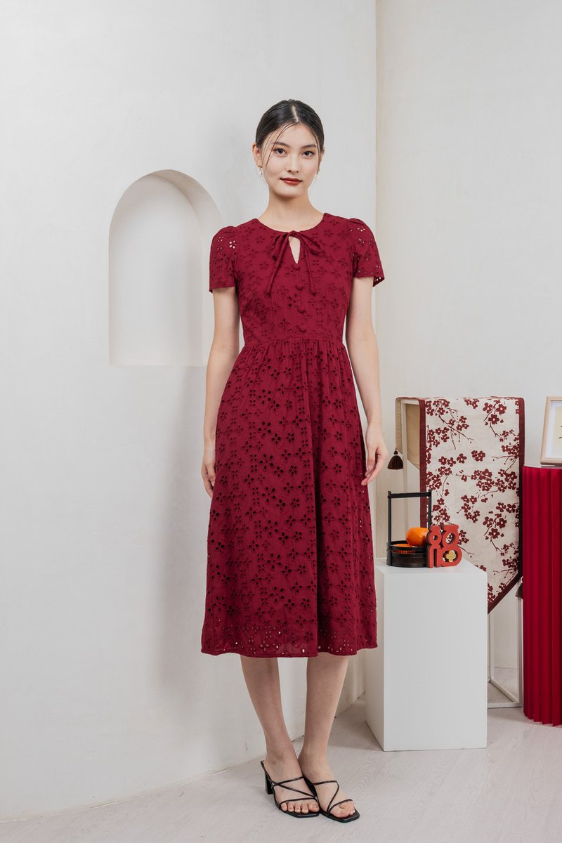 Kindred Eyelet Midi Dress In Red