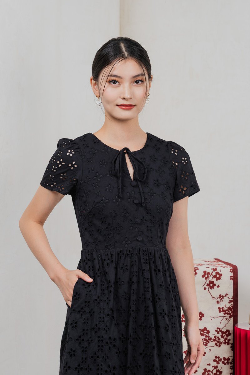 Kindred Eyelet Midi Dress In Black