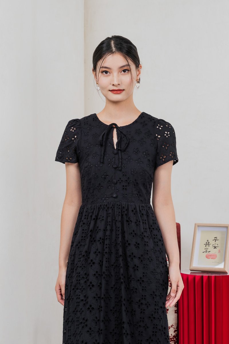 Kindred Eyelet Midi Dress In Black