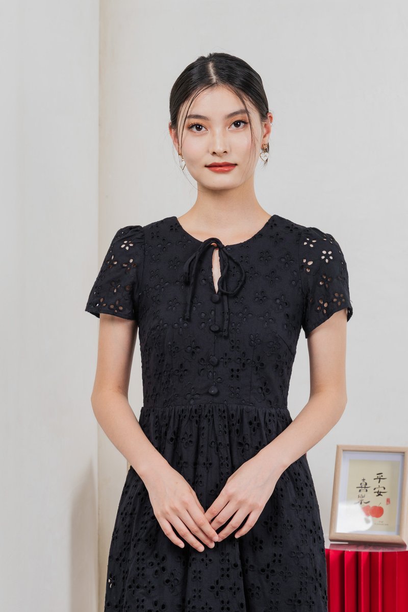 Kindred Eyelet Midi Dress In Black