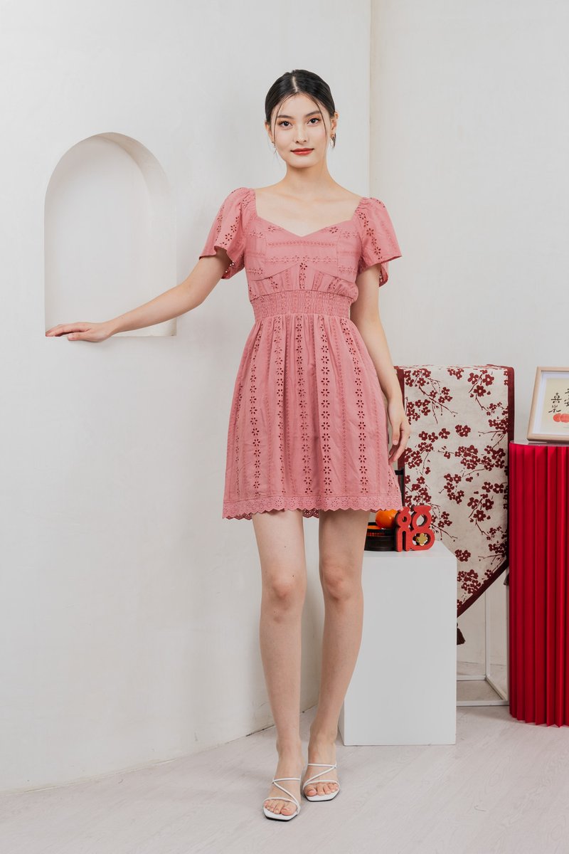 Tansy Eyelet Smocked Waist Dress In Rose