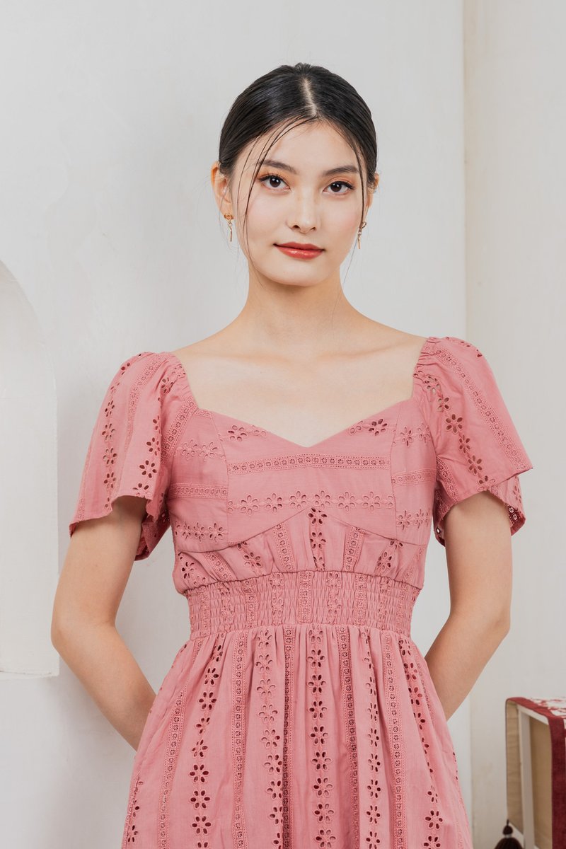 Tansy Eyelet Smocked Waist Dress In Rose