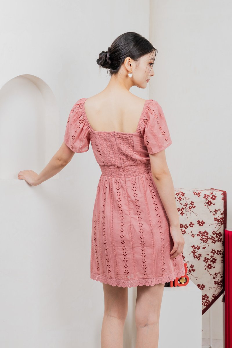 Tansy Eyelet Smocked Waist Dress In Rose