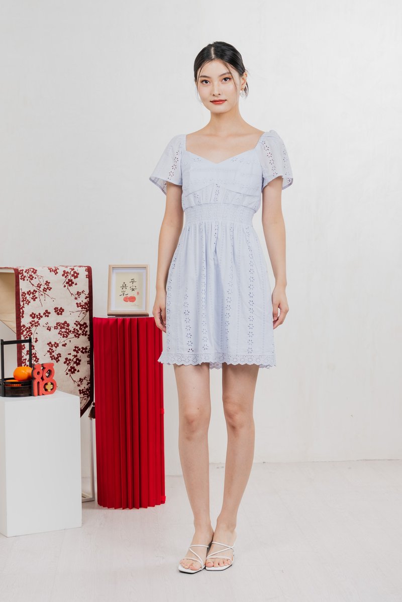 Tansy Eyelet Smocked Waist Dress In Powder Blue