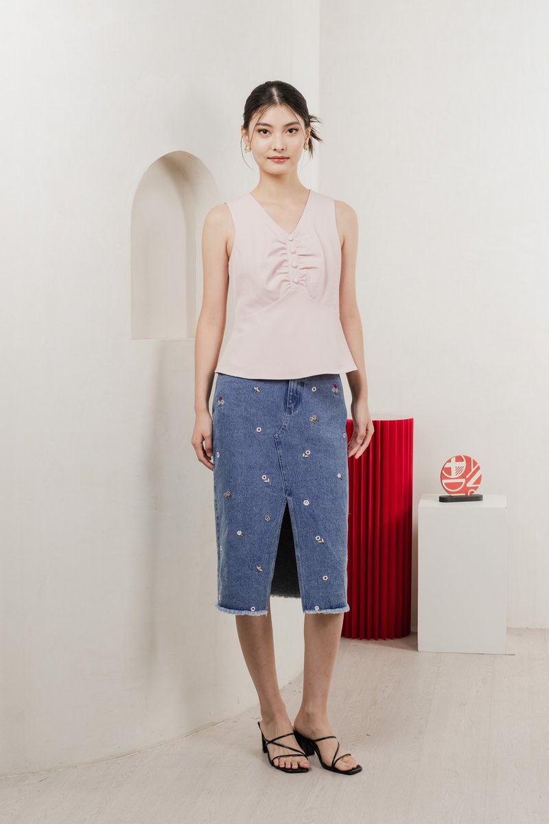 Beyond Ruched Buttons Work Top In Pink