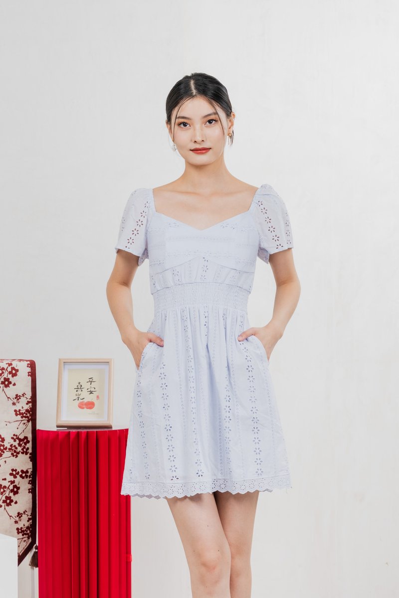 Tansy Eyelet Smocked Waist Dress In Powder Blue