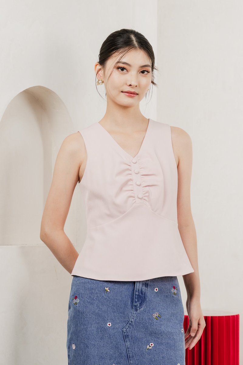 Beyond Ruched Buttons Work Top In Pink