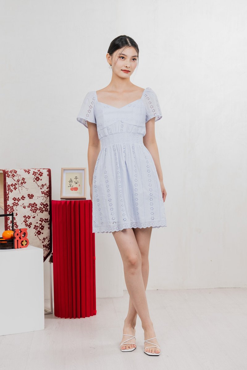 Tansy Eyelet Smocked Waist Dress In Powder Blue