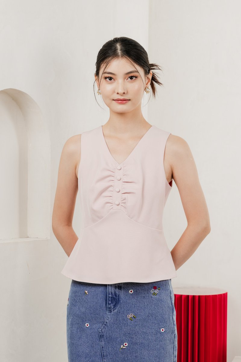 Beyond Ruched Buttons Work Top In Pink