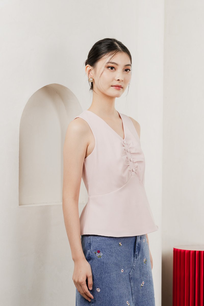 Beyond Ruched Buttons Work Top In Pink