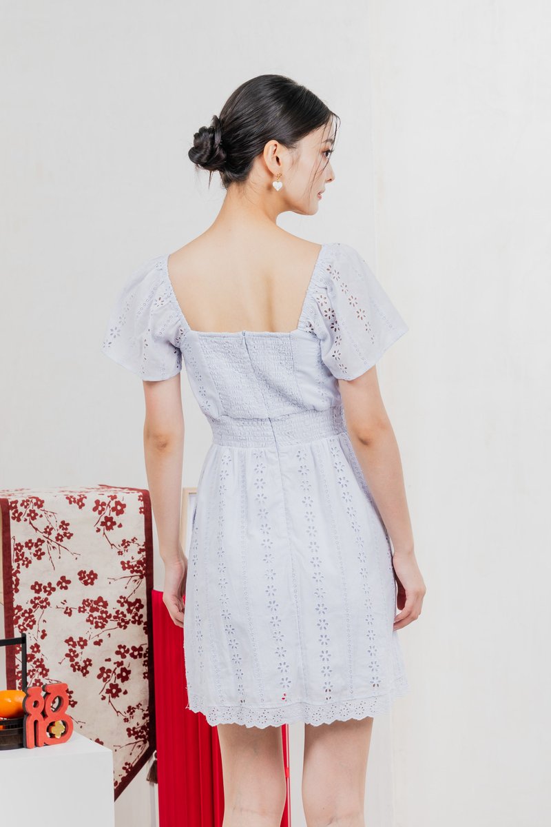 Tansy Eyelet Smocked Waist Dress In Powder Blue