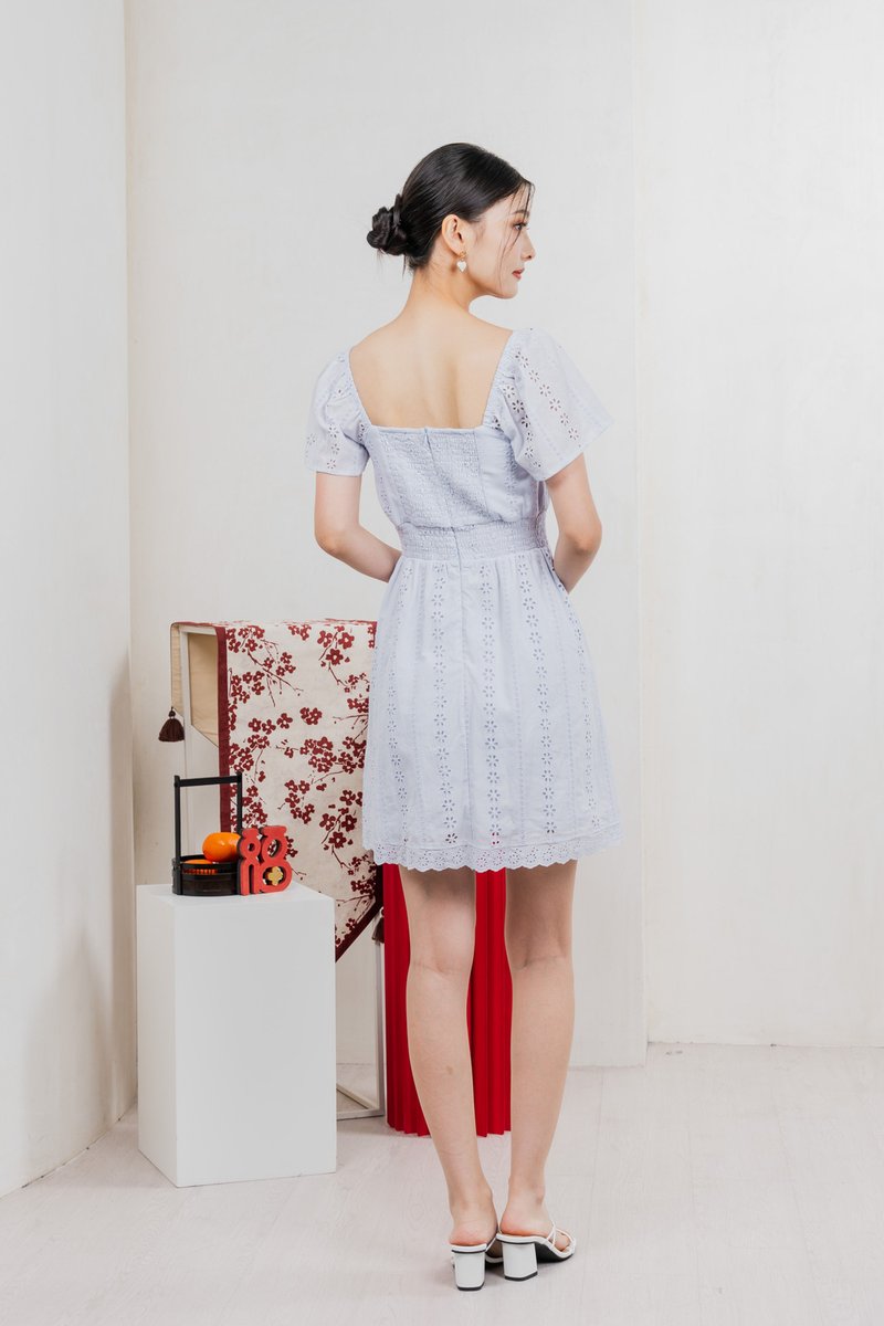 Tansy Eyelet Smocked Waist Dress In Powder Blue