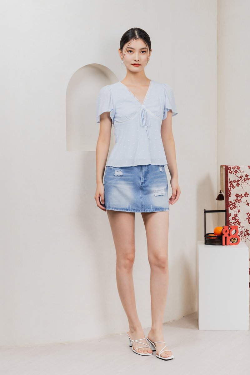 Rong Swissdot Textured Ribbon Top In Pastel Blue