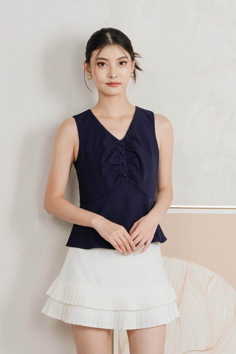 Beyond Ruched Buttons Work Top In Navy