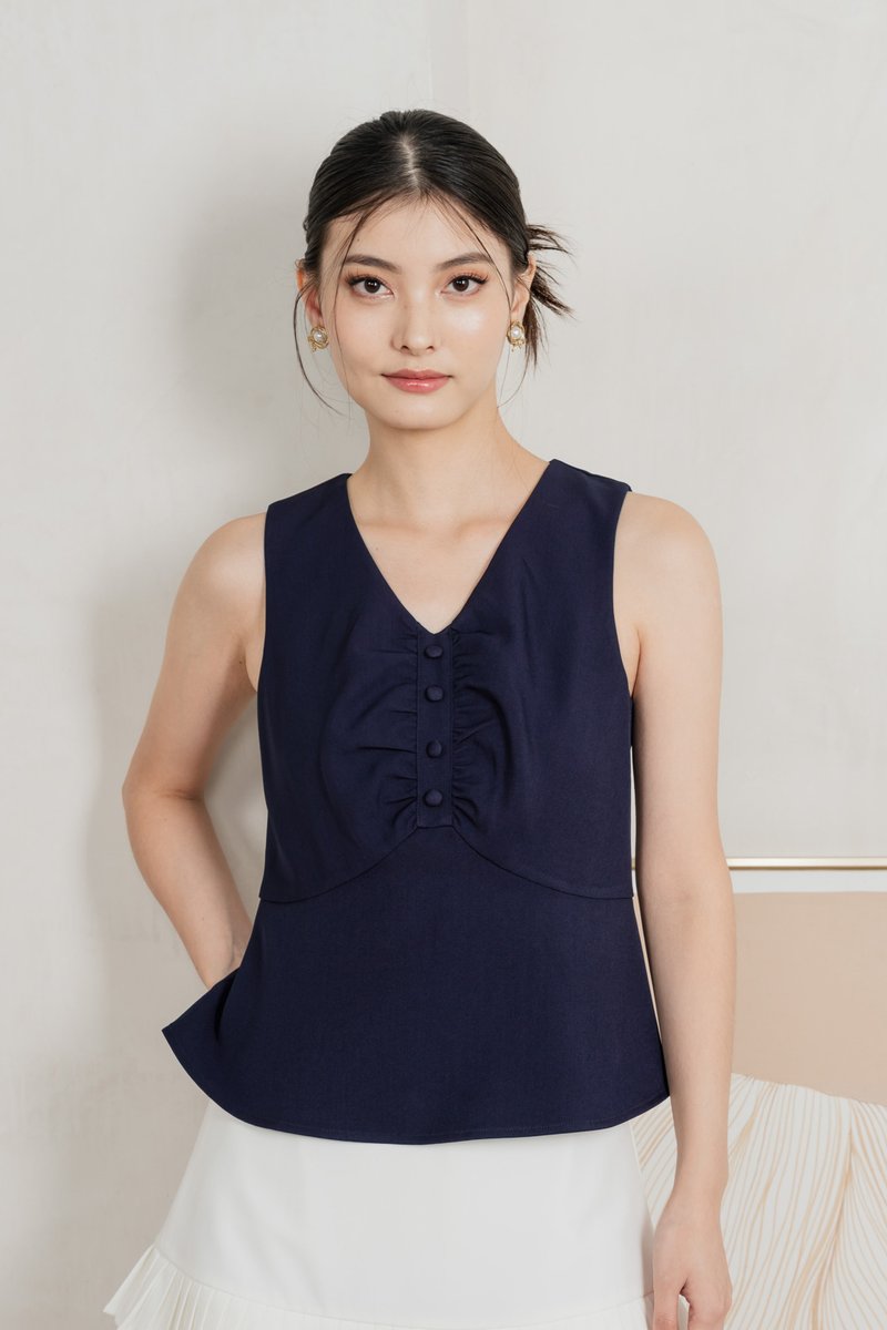Beyond Ruched Buttons Work Top In Navy
