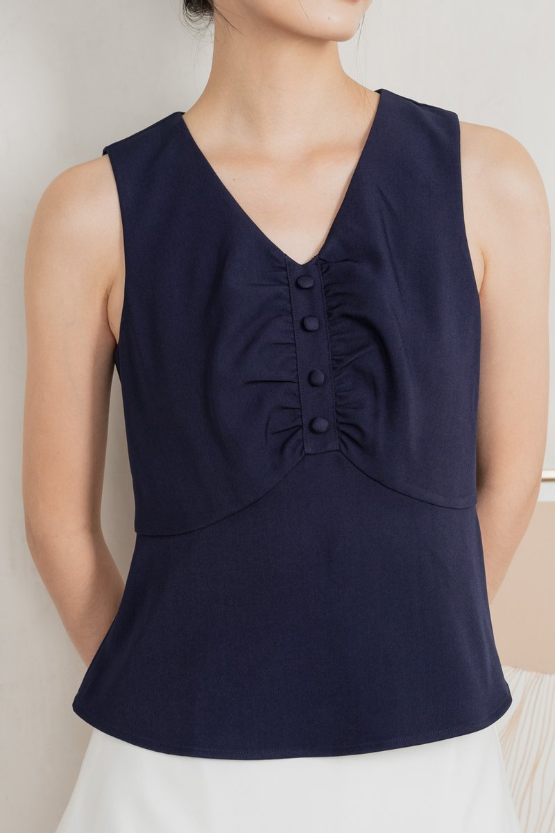 Beyond Ruched Buttons Work Top In Navy
