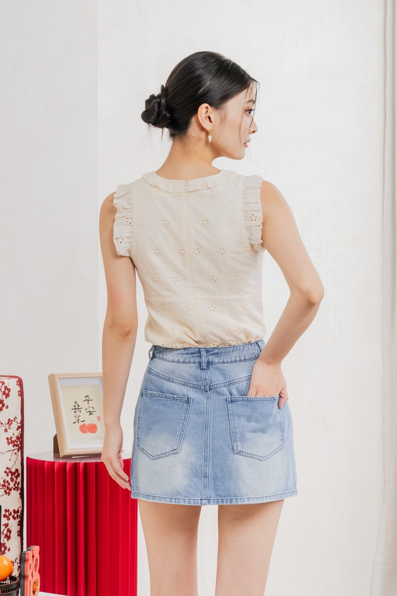 Danity Distressed Denim Skort in Mid Wash