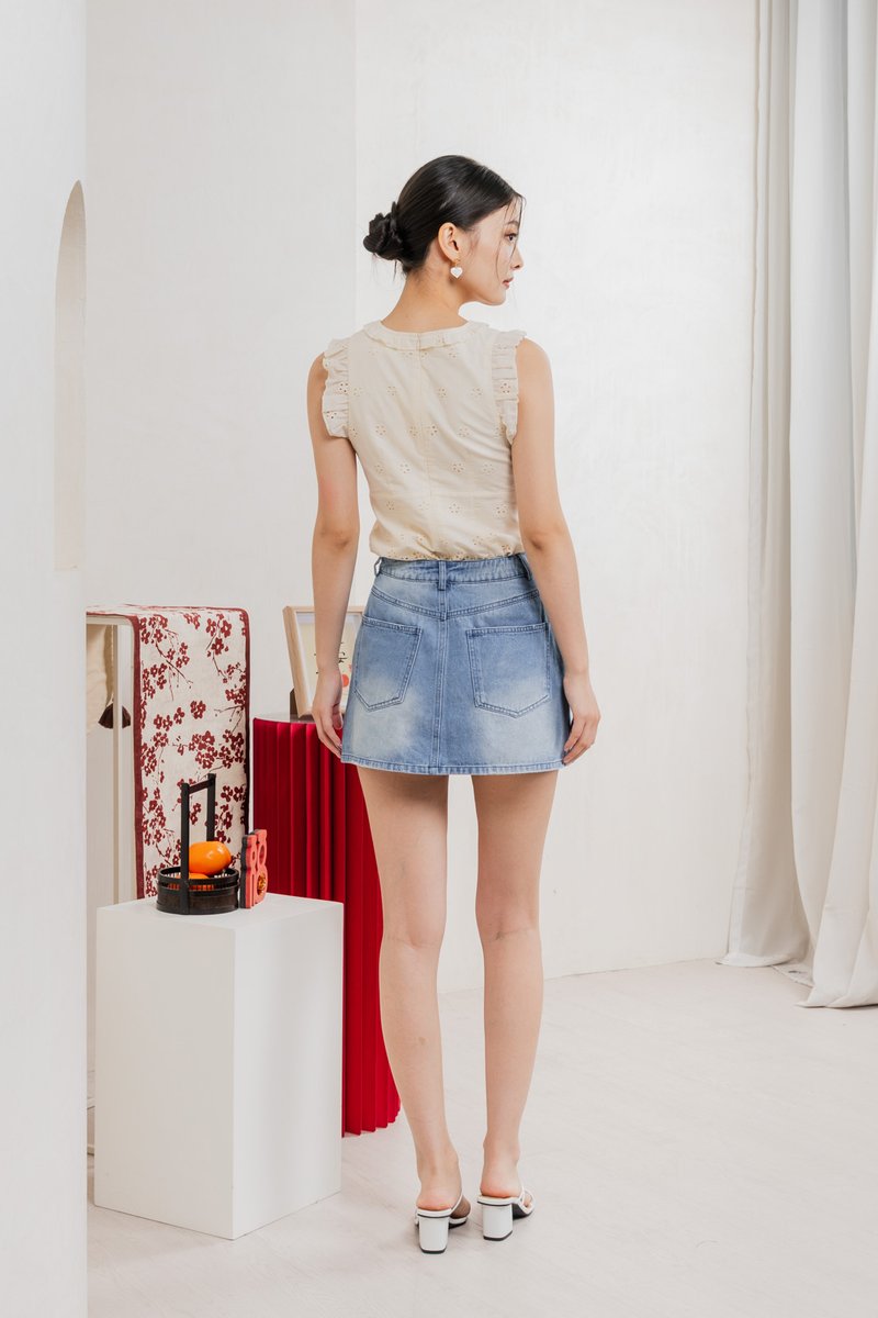 Danity Distressed Denim Skort in Mid Wash