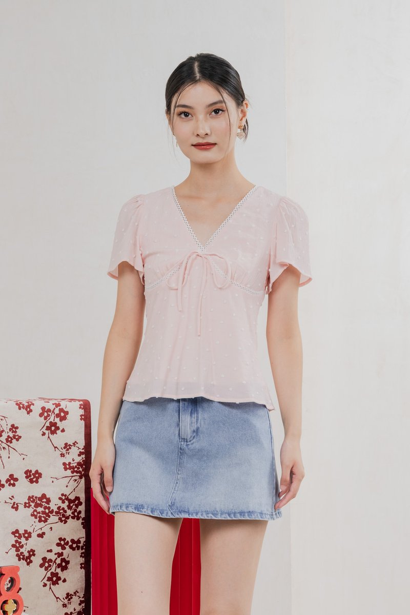 Rong Swissdot Textured Ribbon Top In Soft Pink