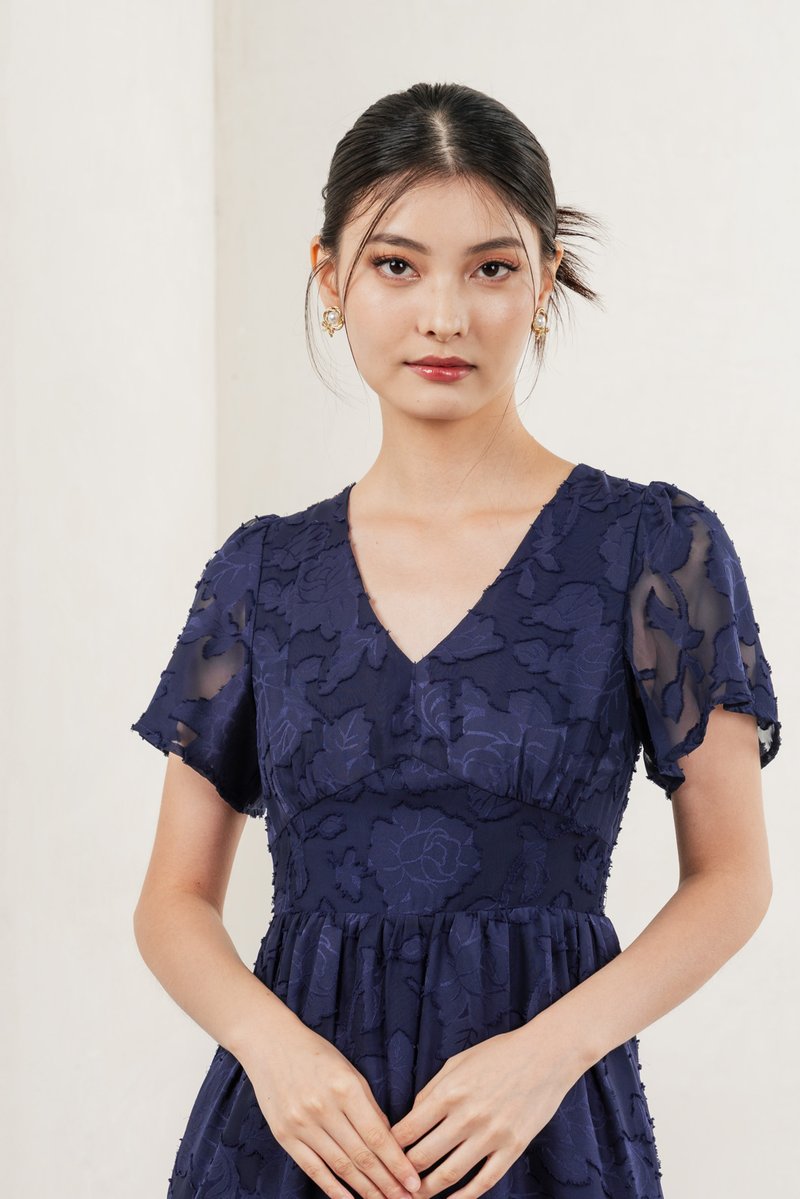 Navillera Textured Tiered Midi Dress In Navy