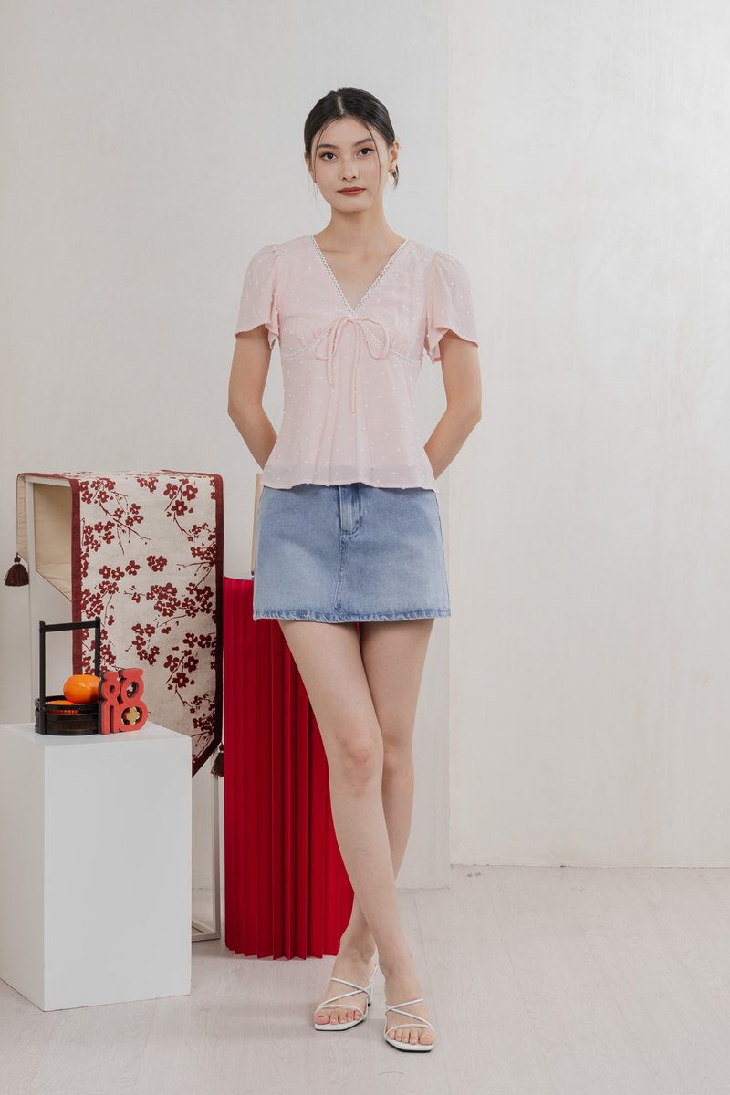 Rong Swissdot Textured Ribbon Top In Soft Pink