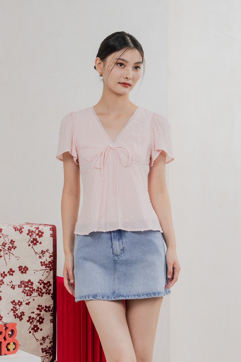 Rong Swissdot Textured Ribbon Top In Soft Pink