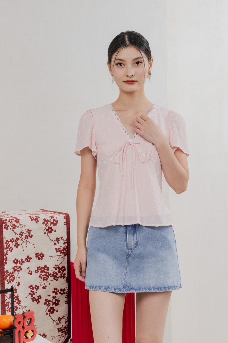 Rong Swissdot Textured Ribbon Top In Soft Pink