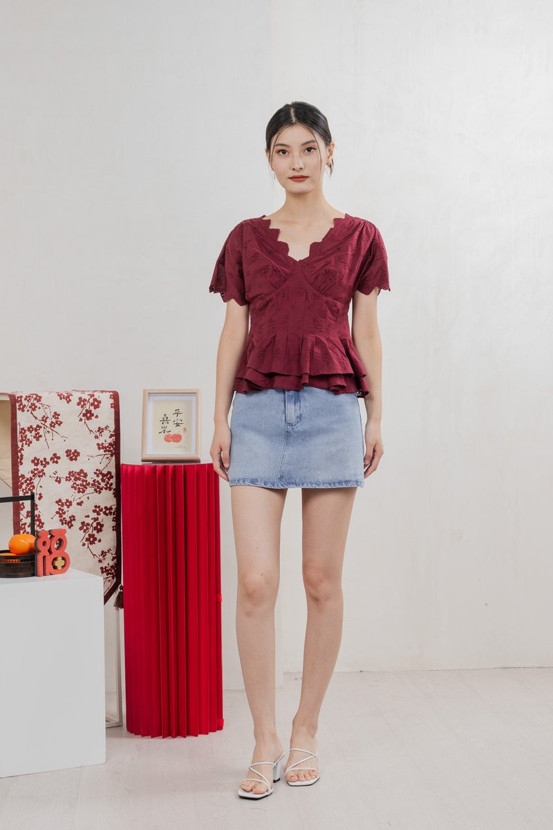 Nancie Floral Eyelet Empire Top In Wine