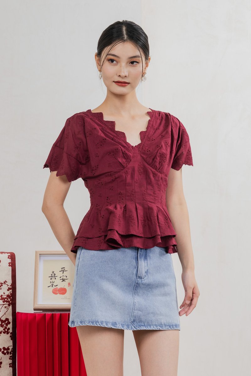 Nancie Floral Eyelet Empire Top In Wine