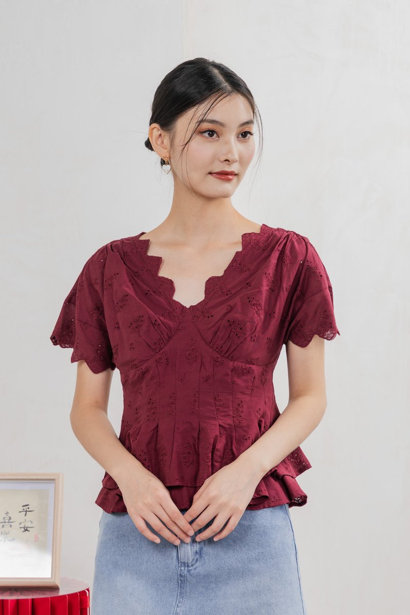 Nancie Floral Eyelet Empire Top In Wine