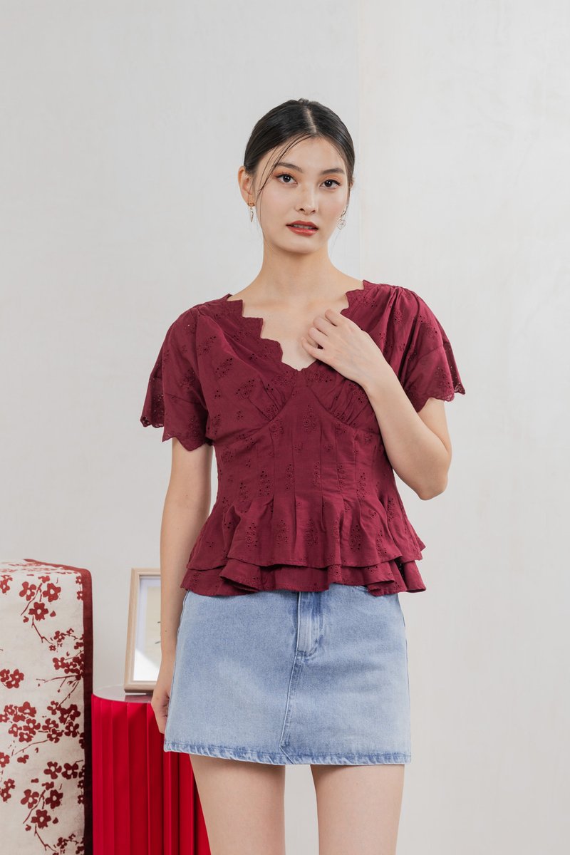 Nancie Floral Eyelet Empire Top In Wine