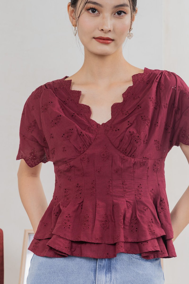 Nancie Floral Eyelet Empire Top In Wine