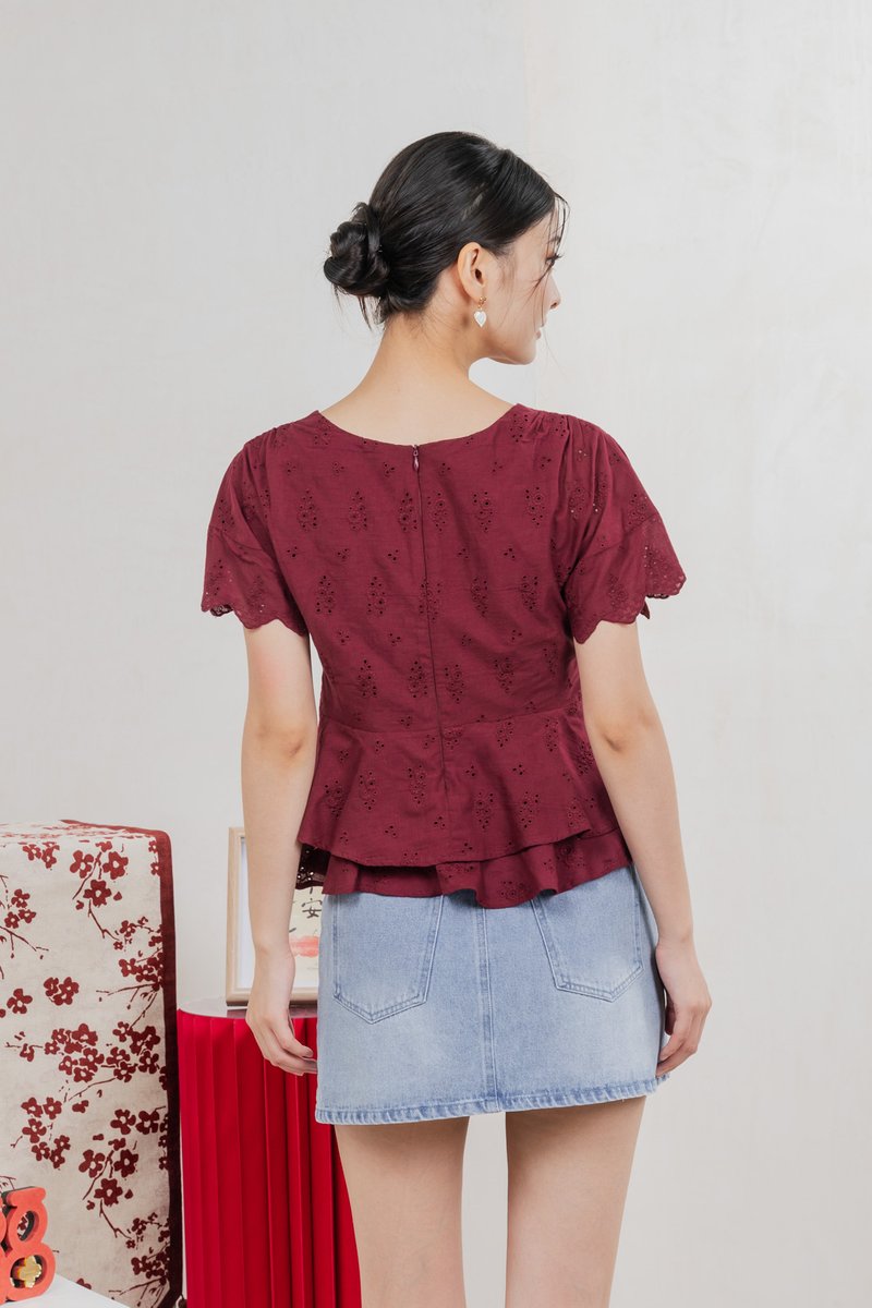 Nancie Floral Eyelet Empire Top In Wine