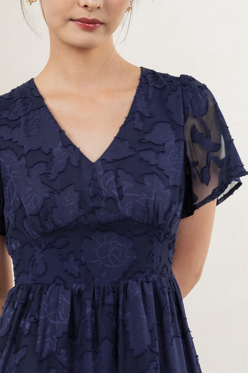 Navillera Textured Tiered Midi Dress In Navy