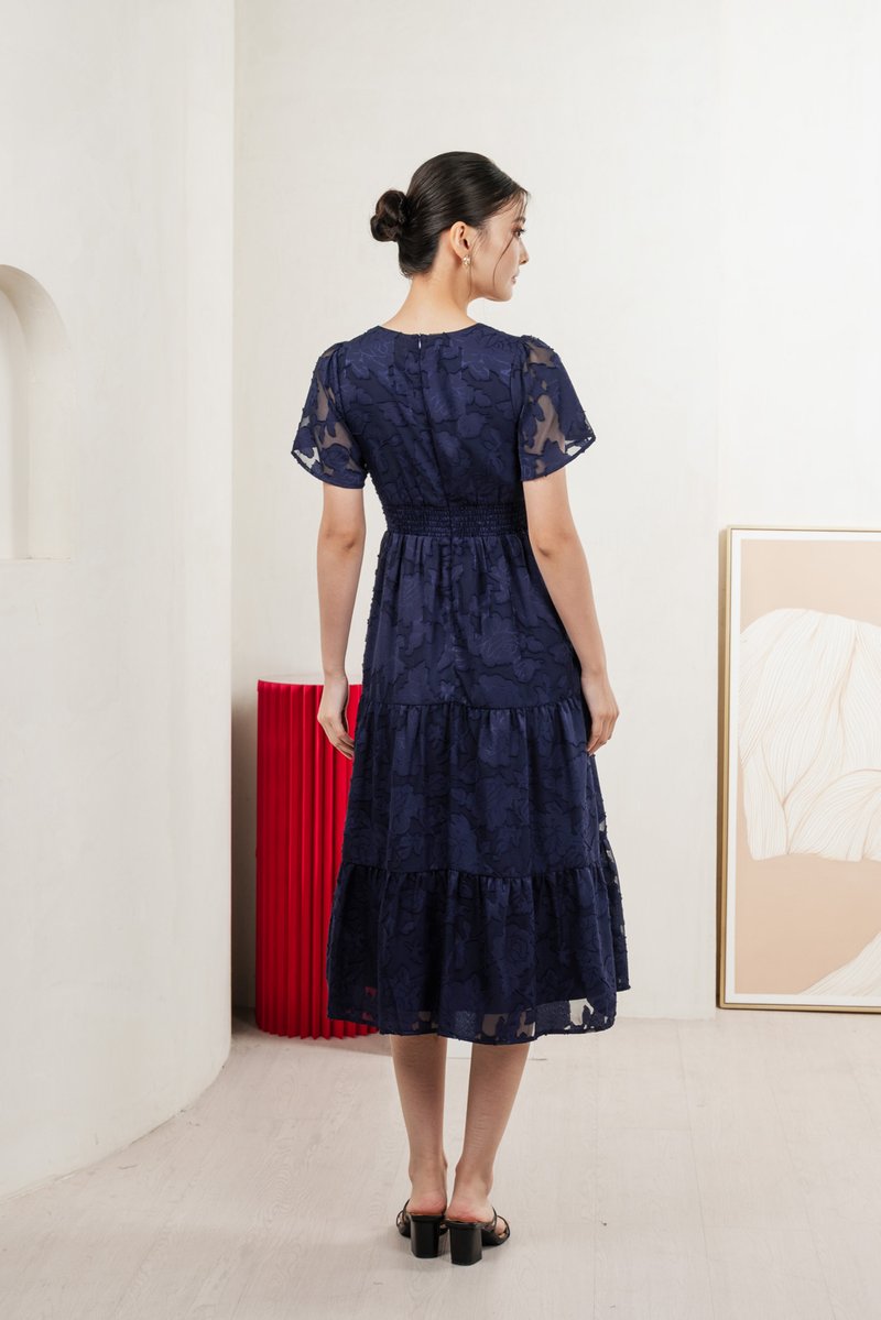 Navillera Textured Tiered Midi Dress In Navy