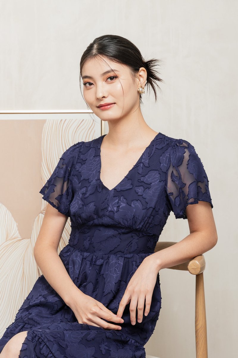 Navillera Textured Tiered Midi Dress In Navy