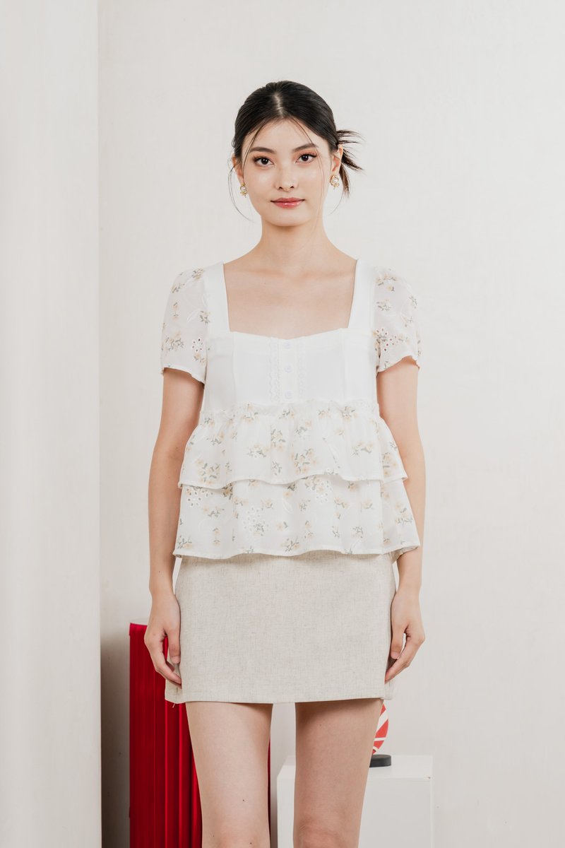 In Bloom Embroidery Buttons Top In Yellow Florals
