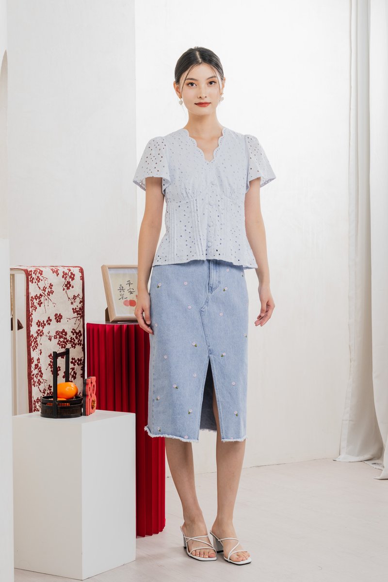 Orielle Eyelet Buttons Top In Powder Blue