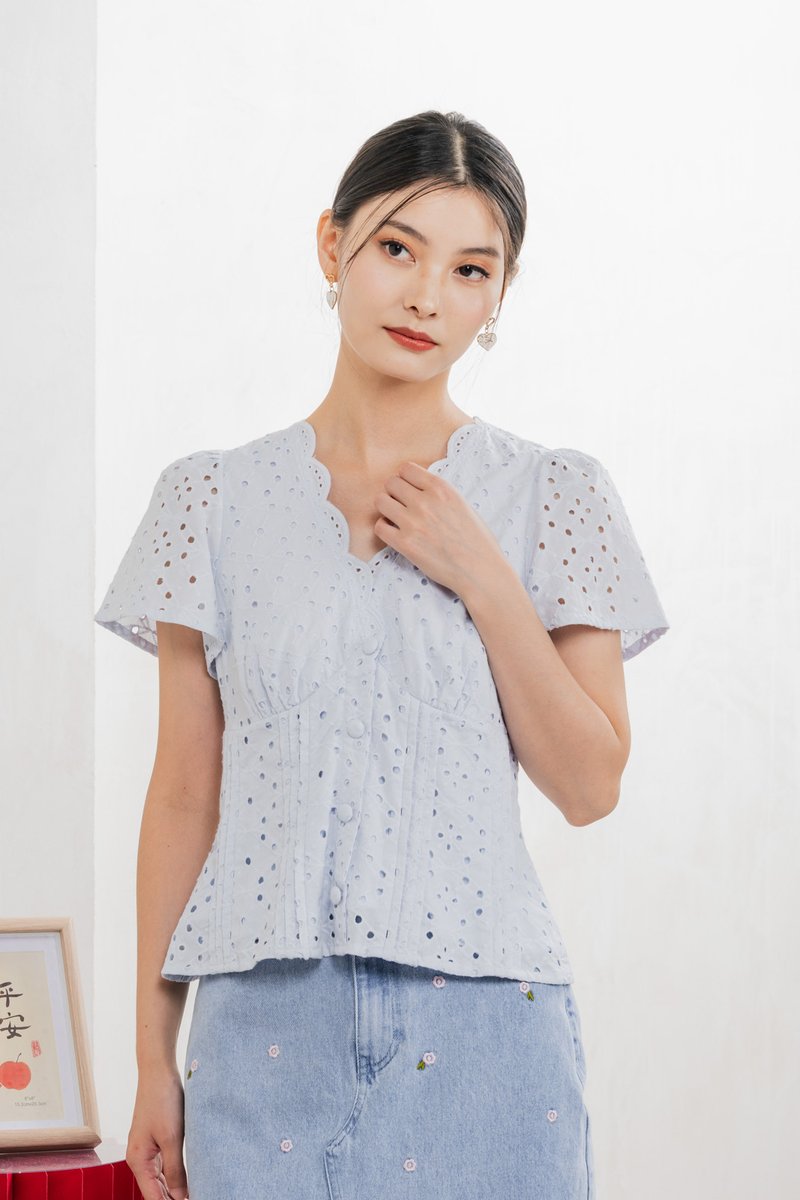 Orielle Eyelet Buttons Top In Powder Blue
