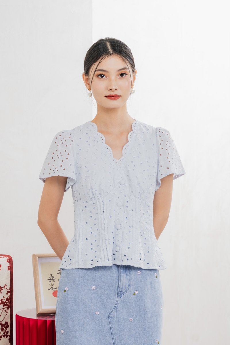 Orielle Eyelet Buttons Top In Powder Blue