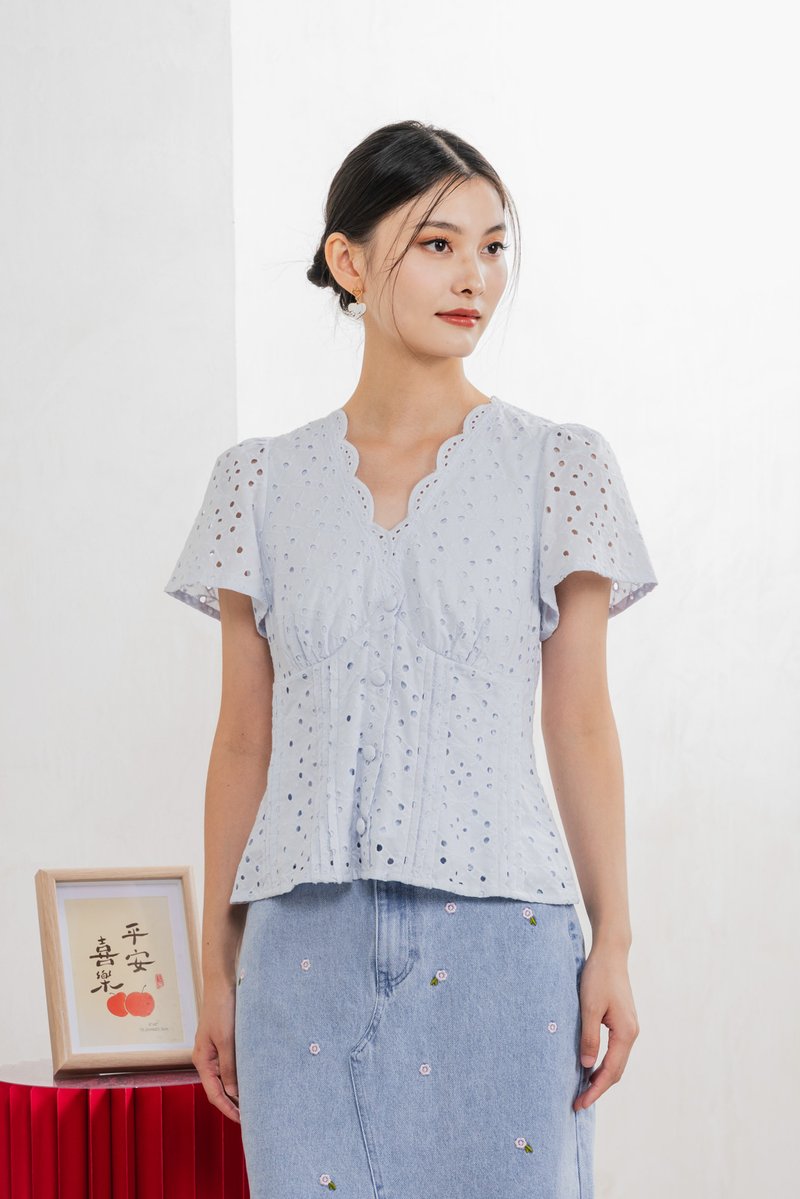 Orielle Eyelet Buttons Top In Powder Blue