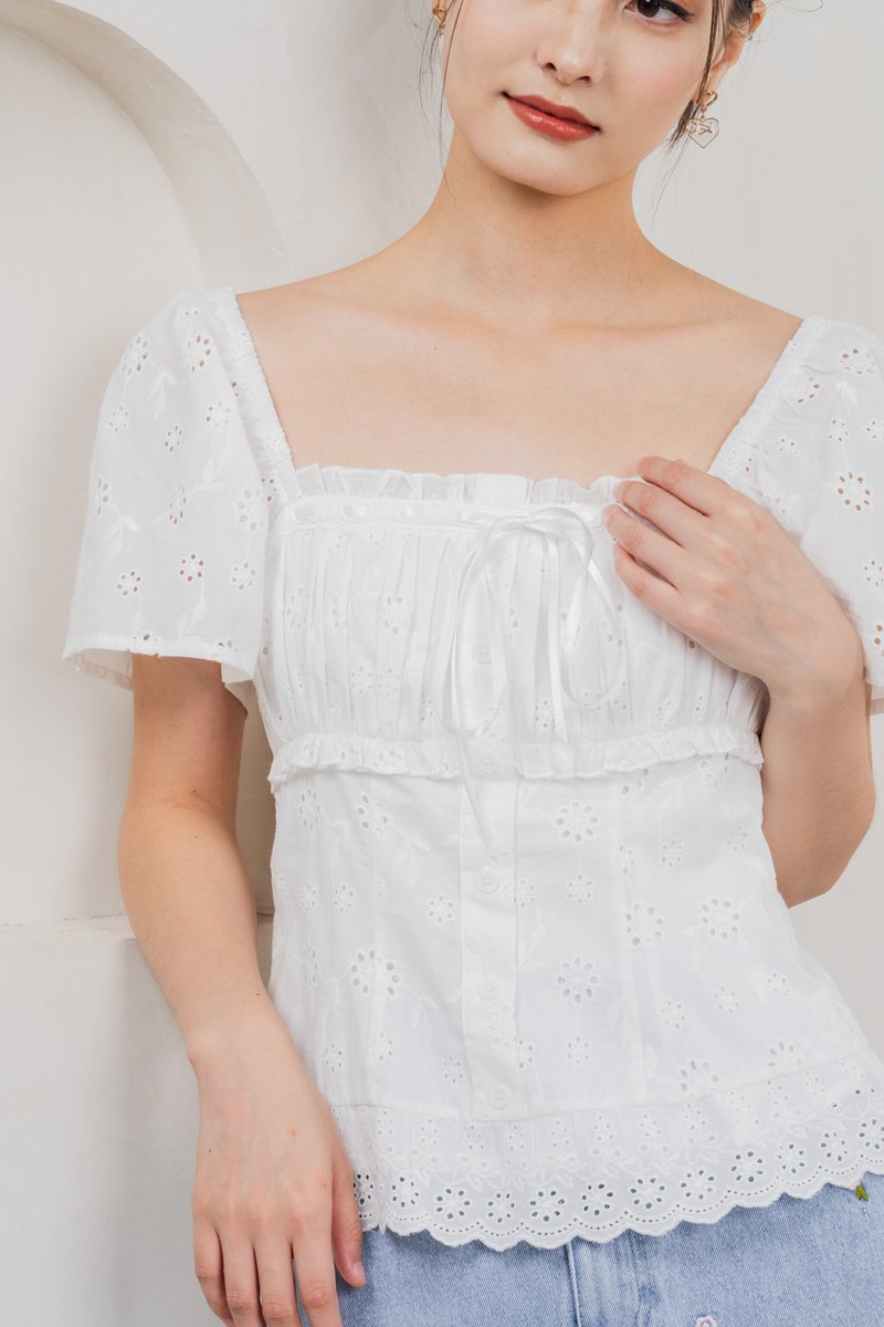 Simplicite Eyelet Ribbonette Top In White