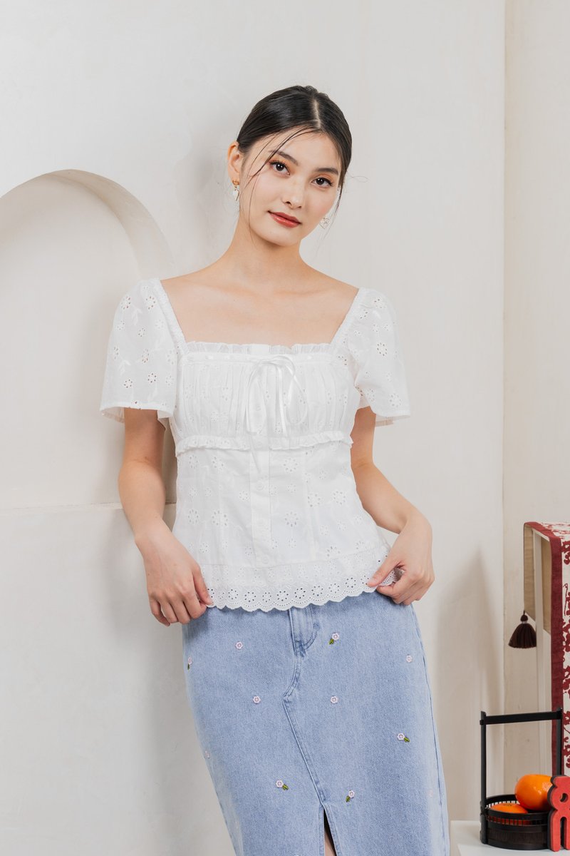 Simplicite Eyelet Ribbonette Top In White