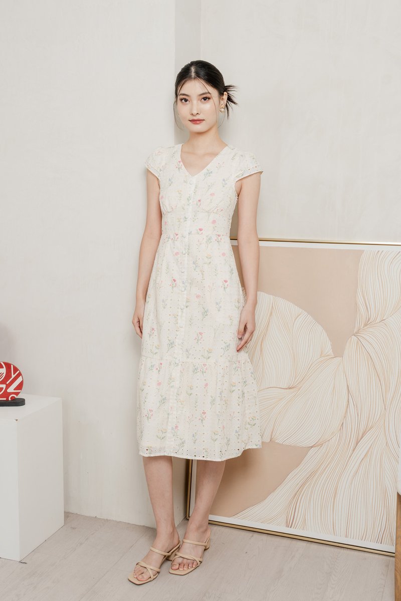 Spring Melody Eyelet Buttons Midi Dress