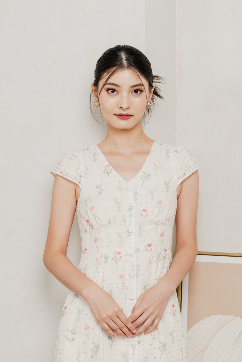 Spring Melody Eyelet Buttons Midi Dress