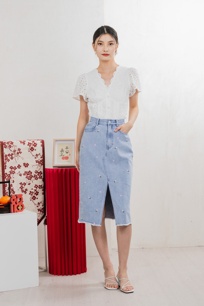 Lotus Denim Midi Skirt In Light Wash